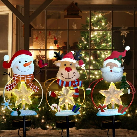 3 Pack Christmas Stake Decor, Outdoor Garden Solar Light Metal Snowman/Santa Claus/Reindeer Yard Stakes with LED Lights Waterproof for Home Lawn Pathway Christmas Holiday Winter Decoration