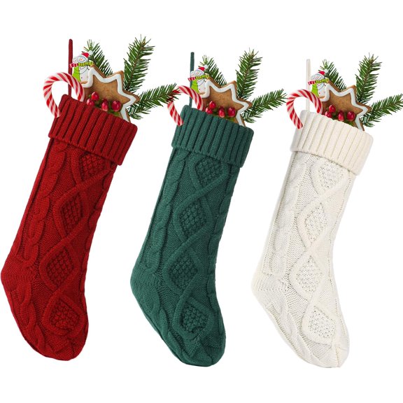 3 Pack Christmas Stocking, 18 Inches Large Knitted Christmas Stockings for Family Holiday Xmas Party Decor, White, Burgundy, Green