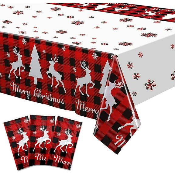 3 Pack Christmas Table Cloth Plastic Buffalo Plaid Table Cover Deer Tablecloth Rectangle for Xmas Table Decorations Christmas Holiday Birthday Party Deco, 54 X 87 Inch