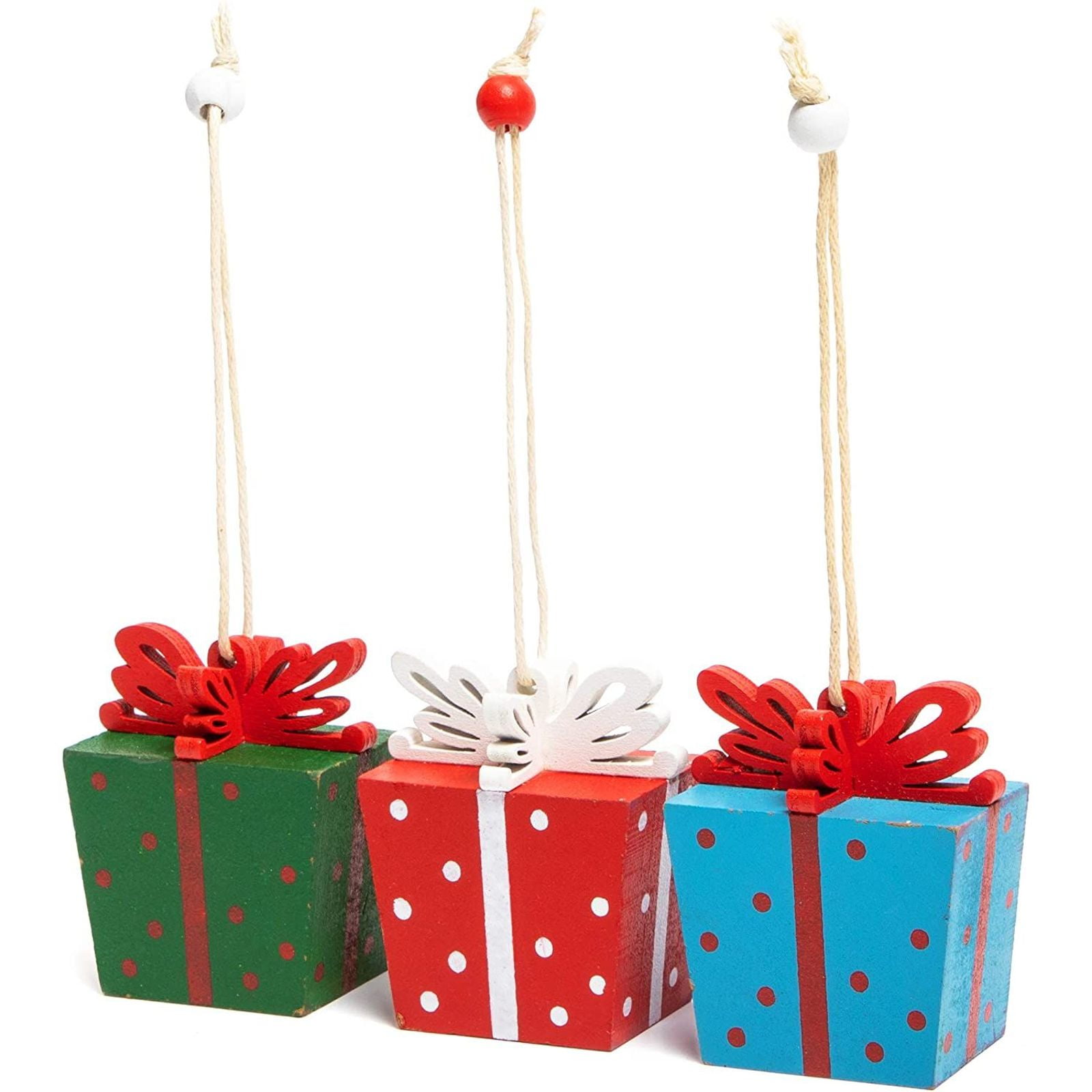 3 Pack Christmas Tree Ornaments, 2.4" Wooden Gift Box Hanging Ornament