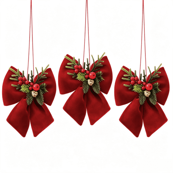 3 Pack Christmas Velvet Bows, Xmas Decorative Bow With Pine Needles, Pinecones and Berries, Hanging‑Rope Design Sturdy Structure, 2‑Size Choice for Christmas Tree & Fireplace Ornaments