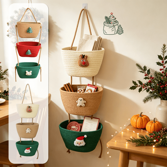 3 Pack Christmas Wall‑Mount Hanging Storage Baskets, Cotton Woven Wall Hanging Organizer Bags, Xmas Decor Organizer for Holiday Decoration Storage, Farmhouse Christmas Decor & New Year Home Decor