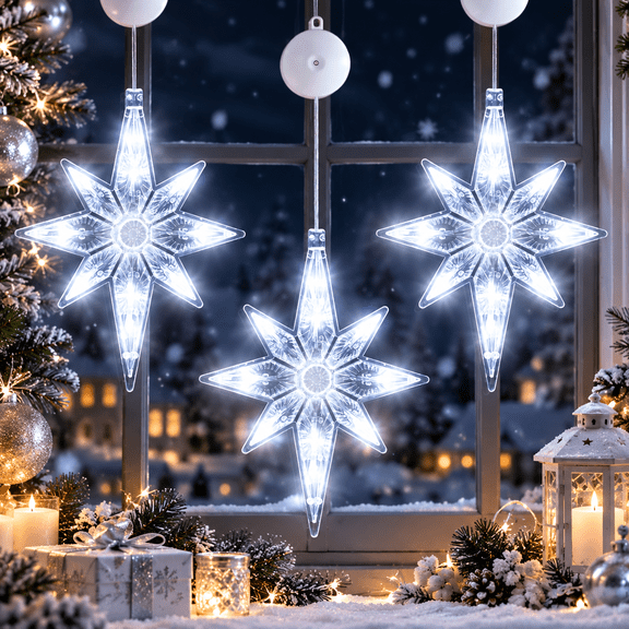 3 Pack Christmas Window Lights, North Star LED Window Decorations with Suction Cups, Battery Operated Holiday Lights with Timer & Slow Fade Mode, Indoor Christmas Decor for Home, Bedroom and Party