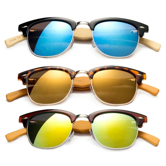 3 Pack Classic Metal Plastic Mixed Frame Vintage Fashion Sunglasses for Men for Women, Bamboo Temple