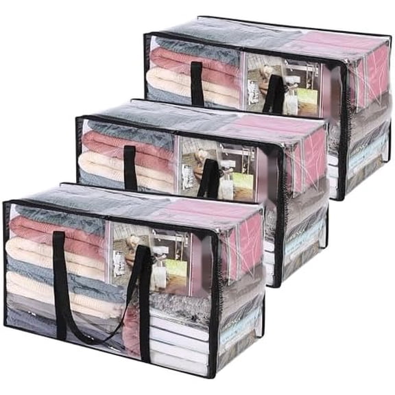 3 Pack Clear Comforter Storage Bag, 60L Clothes Storage Bag with Zipper Closet Organizer, Plastic Storage Containers Moving bags for Comforter, Blanket, Bedding, Duvet, Toys