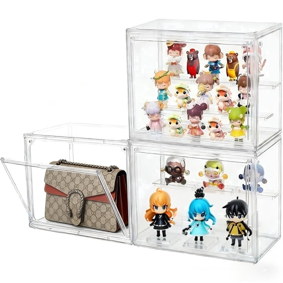 GUDEMAY Clear Acrylic Display Box,Transparent Storage Organizer Case- Dustproof Stackable Storage Bins for Figures Toys Collectibles, 3 Tiers, 3 Pack