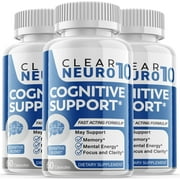 (3 Pack) Clear Neuro 10 - Nootropic Memory Booster Dietary Supplement for Focus, Memory, Clarity, Energy - Advanced Cognitive Support Formula for Maximum Strength - 180 Capsules