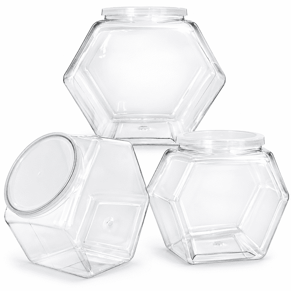 3 Pack Clear Plastic Candy Jars with Lids, 71 fl oz Hexagon Canisters