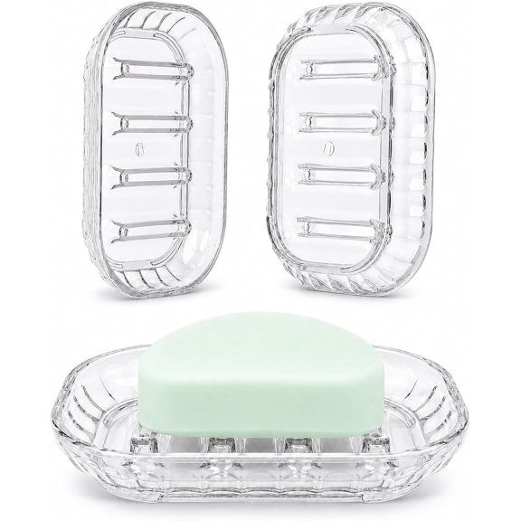 3 Pack Clear Plastic Soap Dish for Bar Soap, Bar Soap Holder Tray with Raised Ridges for Shower | Bathroom | Kitchen Sink |Dry Fast| Easy to Clean (Clear)