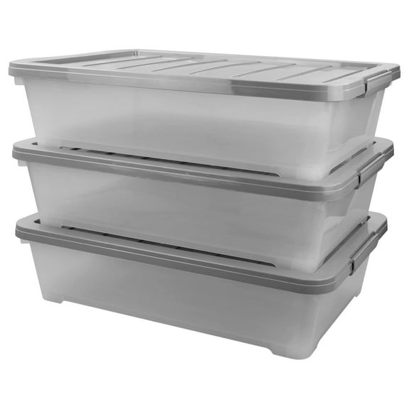 3-Pack Clear Plastic Under Bed Storage Boxes, 40 Quart Under Bed Latching Box with Wheels Grey, Clear