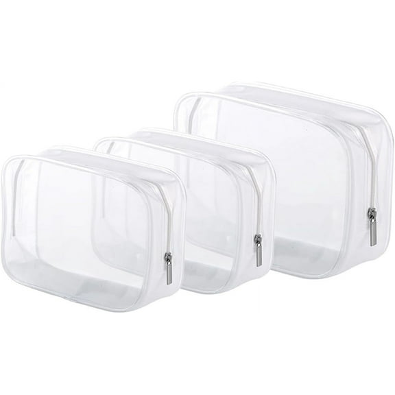 3 Pack Clear Plastic Zippered Toiletry Carry Pouch TSA Approved Toiletry Bag Portable Cosmetic Makeup Bag for Vacation, Bathroom and Organizing (White 3Pcs, Small/Large)