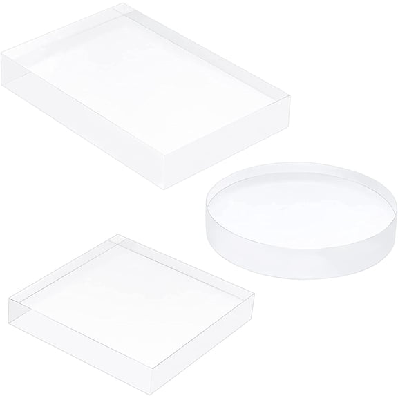 3 Pack Clear Polished Acrylic (Square & Flat Round & Rectangle) Display Base Block for Jewelry Ring Stand Showcase Holder Flat Lay Photography Props diy Clear