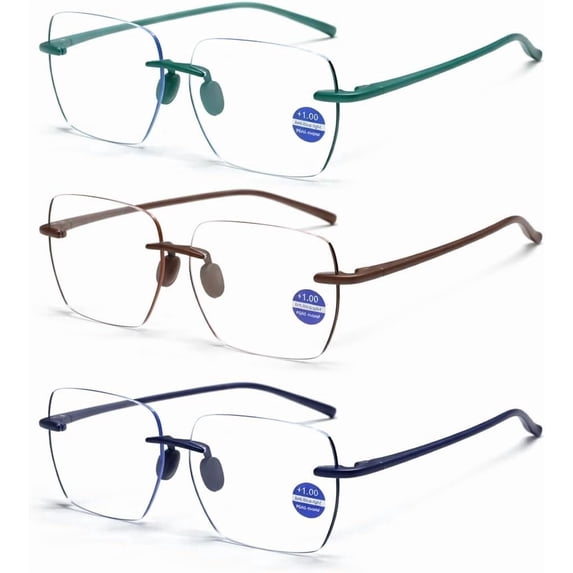 3 Pack Clear Rimless Readers for Men Women Square Metal Frame Glasses Home Office Computer