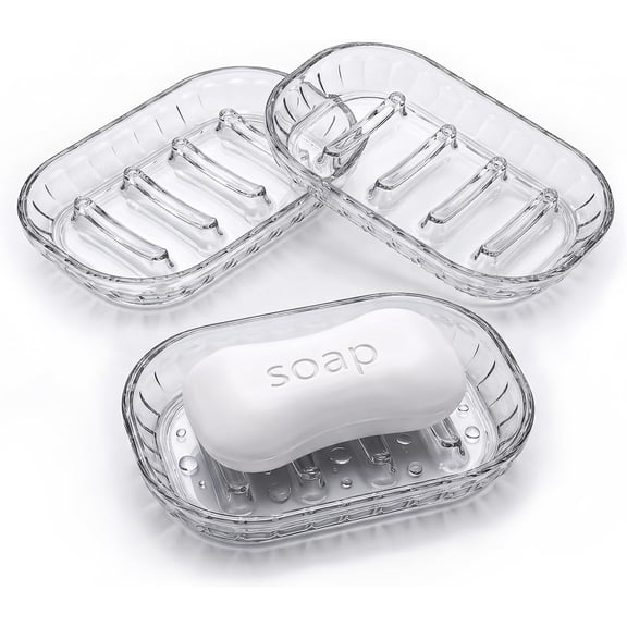 3 Pack Clear Soap Dish for Shower, Plastic Soap Holder for Bar Soap, Transparent Soap Saver Tray for Bathroom Shower, Kitchen Sink, Bathtub, Raised Ridges Soap Dish with Drainage, Minimalist Design