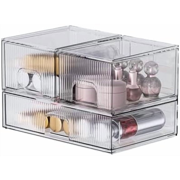 3 Pack Clear Stackable Cosmetic Organizer with Acrylic Drawers for Cosmetics and Small Items for Dresser, Vanity, Kitchen Cabinet, Pantry, Home Organization and Storage