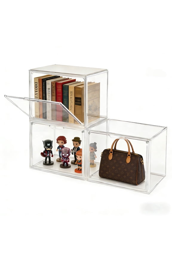 Clearance!3pcs Clear Display Cases Stackable Plastic Storage Bins with Lids - Ideal for Figurine, Toy, Books, Cosmetics, hangbags & Collectibles