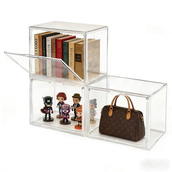 3 Pack Clear Stackable Plastic Storage Bins with Lid, Dustproof Book & Cosmetic Display Cases, Large Figures Collectibles Showcase, Shoe Box, Protection Organizer for Bedroom, Living Room