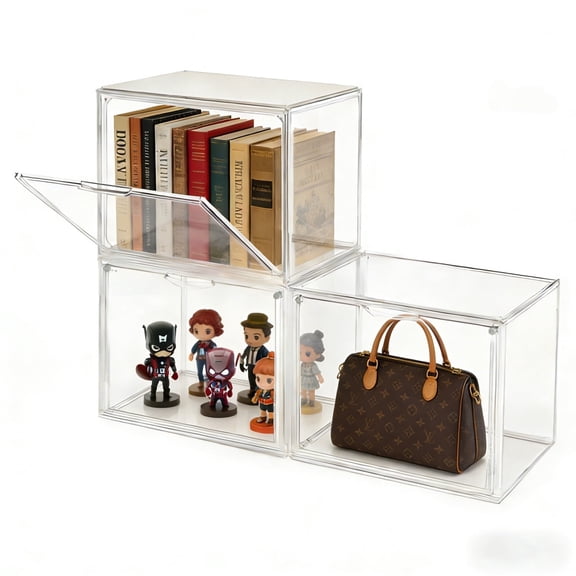 3 Pack Clear Stackable Plastic Storage Bins with Lid, Dustproof Book & Cosmetic Display Cases, Large Figures Collectibles Showcase, Shoe Box, Protection Organizer for Bedroom, Living Room