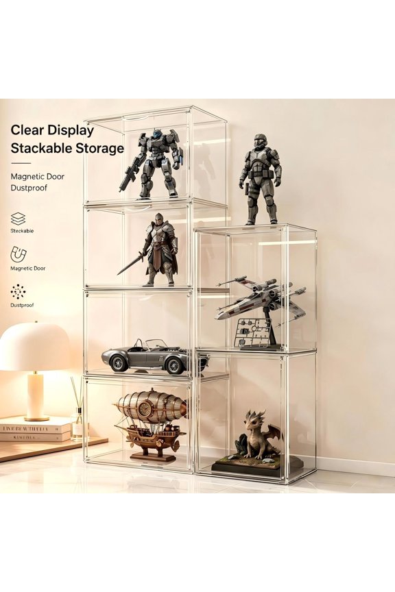 3pcs Clear Storage Bins with Lids, Stackable Interlock Clear Storage boxes, Magnetic Lid Anti-Yellow PET Display cases 14.17×8.66×10.61in for Collectibles Sneakers Cosmetics Handbags