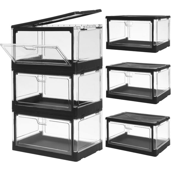 3-Pack Clear Stackable Storage Bins with Lids Magnetic Doors Open Front Foldable Folding Plastic Craft Containers Large Closet Organizers Box for Bedrooms Living Rooms Study24 QT