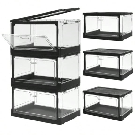 3-Pack Clear Stackable Storage Bins with Lids Magnetic Doors Open Front