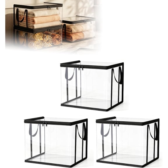 3 Pack Clear Storage Organizers with Lids, 15" Collapsible Plastic Book Bins, Heavy Duty Stackable Toy Cover Box for Dorm Essentials, Shelves, Underbed Storage