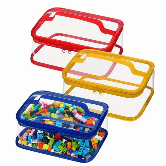 3 Pack Toy Storage Bags with Handles, Clear Waterproof PVC Large Capacity Organizer for Building Blocks(Q)