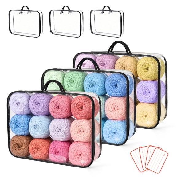 3 Pack Clear Yarn Storage Bags 16x12x4 Inches Yarn Storage Organizer with Zippers and Handles with 4 Labels for Knitting Needles Crochet Hooks