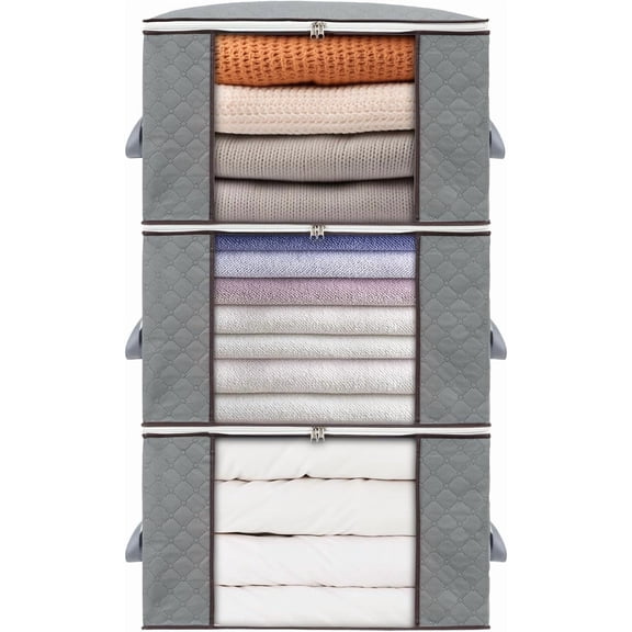 3 Pack Closet Organizers and Storage Containers, Clothes Storage Bins, Storage Bags with Large Clear Window & Handles for King Comforter, Pillow, Quilt, Bedding, Clothes