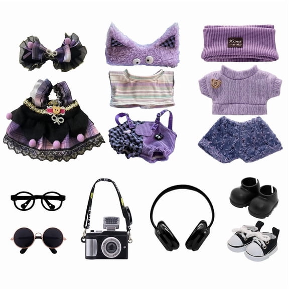 3-Pack Clothes Set Designed for Labubu Clothes with Accessories Set, Doll Clothes Set with Glasses, Sunglasses, Black Leather Shoes, Headphones, Camera Accessories for Labubu - Style H