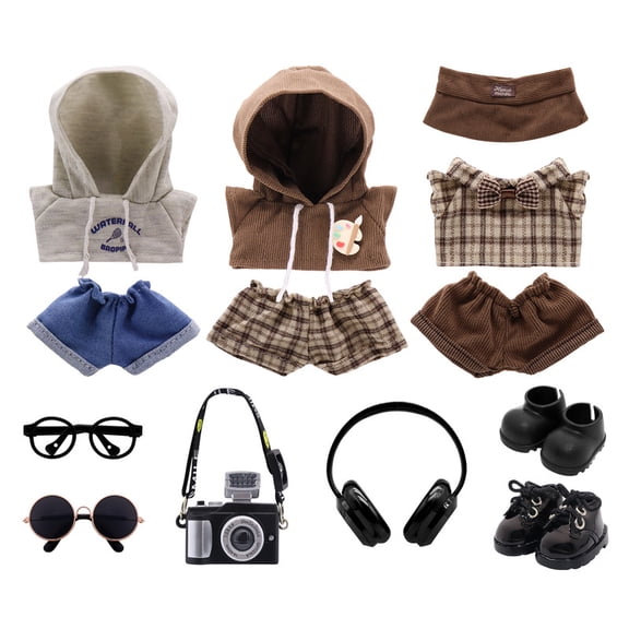 3-Pack Clothes Set Designed for Labubu Clothes with Accessories Set, Doll Clothes Set with Glasses, Sunglasses, Black Leather Shoes, Headphones, Camera Accessories for Labubu - Style F