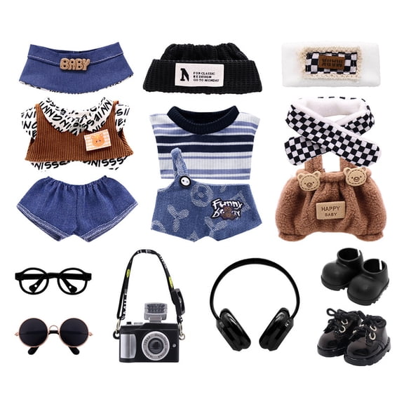 3-Pack Clothes Set Designed for Labubu Clothes with Accessories Set, Doll Clothes Set with Glasses, Sunglasses, Black Leather Shoes, Headphones, Camera Accessories for Labubu - Style E