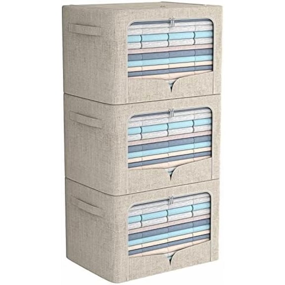 3 Pack Clothes Storage Bins Foldable Metal Frame Storage Box Stackable Linen Fabric Organizer Set with Carrying Handles and Clear Window (Beige, 15.7x11.8x7.8inch(22L))
