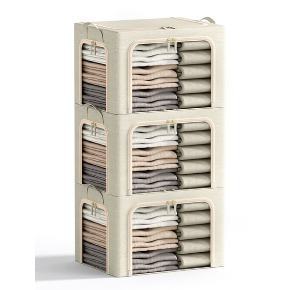 3 Pack Beige Linen Fabric 66L Stackable Storage Bins, Closet Organizer with Lid, Clear Window & Handles for Clothes, Bedding & Linen
