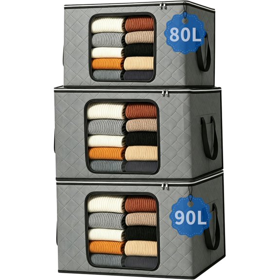 3 Pack Clothing Storage Bags,Under bed storage,Foldable Clothing Organizer Boxes,With Mesh Windows,storage bags,storage Foldable Wardrobe Storage Boxes,Suitable, For Storing Clothes,Sweaters,Blankets