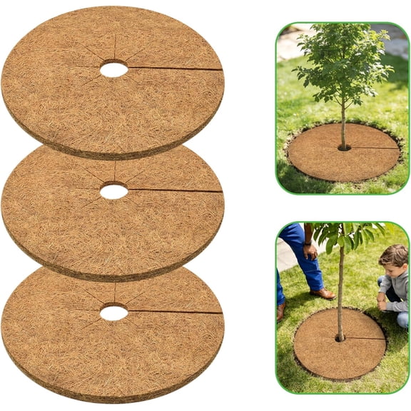 3 Pack Coconut Fiber Mulch Ring, 24 Inch Coco Coir Tree Ring Mulch Mat, 100% Natural Tree Protector Mat Plant Cover Ring Coconut Coir Discs Tree Mats Mulch Rings for Indoor Outdoor Trees Plants