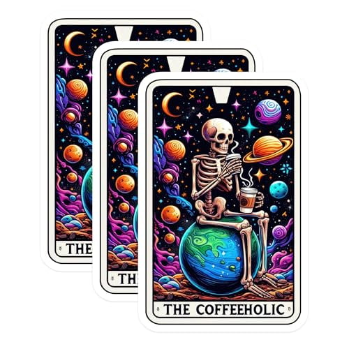 (3 Pack) Coffeeholic Skeleton Decals - Outer Space Planets - Laptop Decals - 3 Inches On Longest Side - Easy Peel & Apply - Made in USA - 3MCS4136