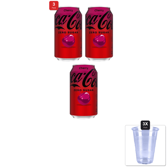 3 Pack | Coke Zero Cherry, 12 Fl Oz & 3x 9oz Disposable Plastic Cups