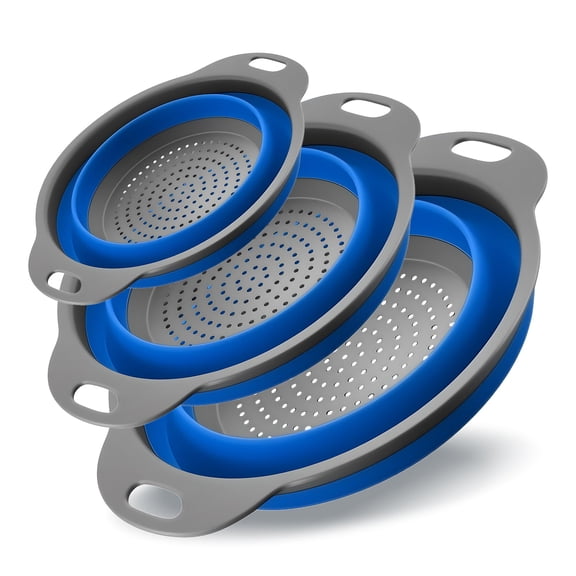 3 Pack Collapsible Colander Set, Silicone Kitchen Strainers for Pasta, Vegetables & Fruit, Space Saving Folding Colanders, Durable & Dishwasher Safe
