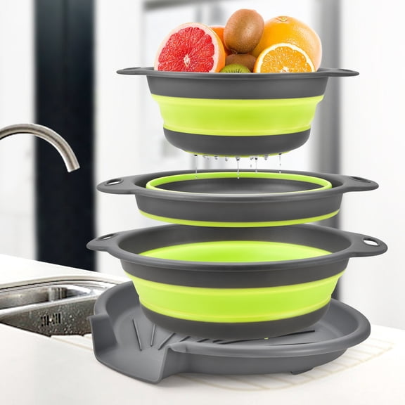 3-Pack Collapsible Colanders with Self-Draining Base, Over Sink-edge Silicone Food Strainers, Small/Med/Large Sizes, Nesting for Easy Compact Storage (3Qt, 4Qt, 5-Quart Set) Green