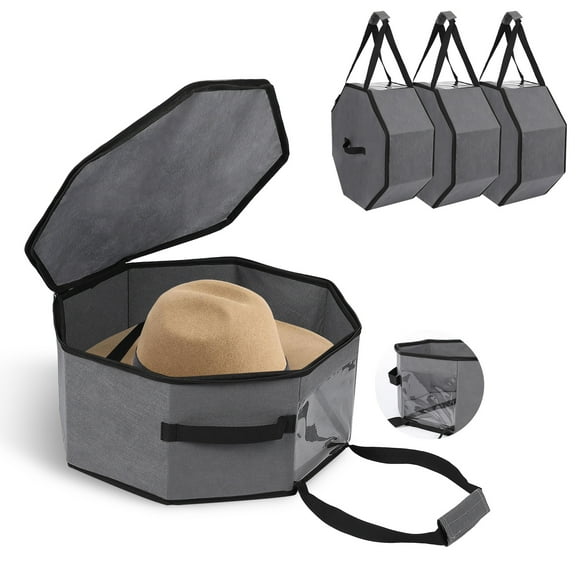 3-Pack Collapsible Cowboy Hat Travel Storage Boxes with Shoulder Strap & Handles – Portable Dustproof Case for Fedora & Sun Hats – Convenient Closet Organizer – Grey, Non-Woven Fabric,