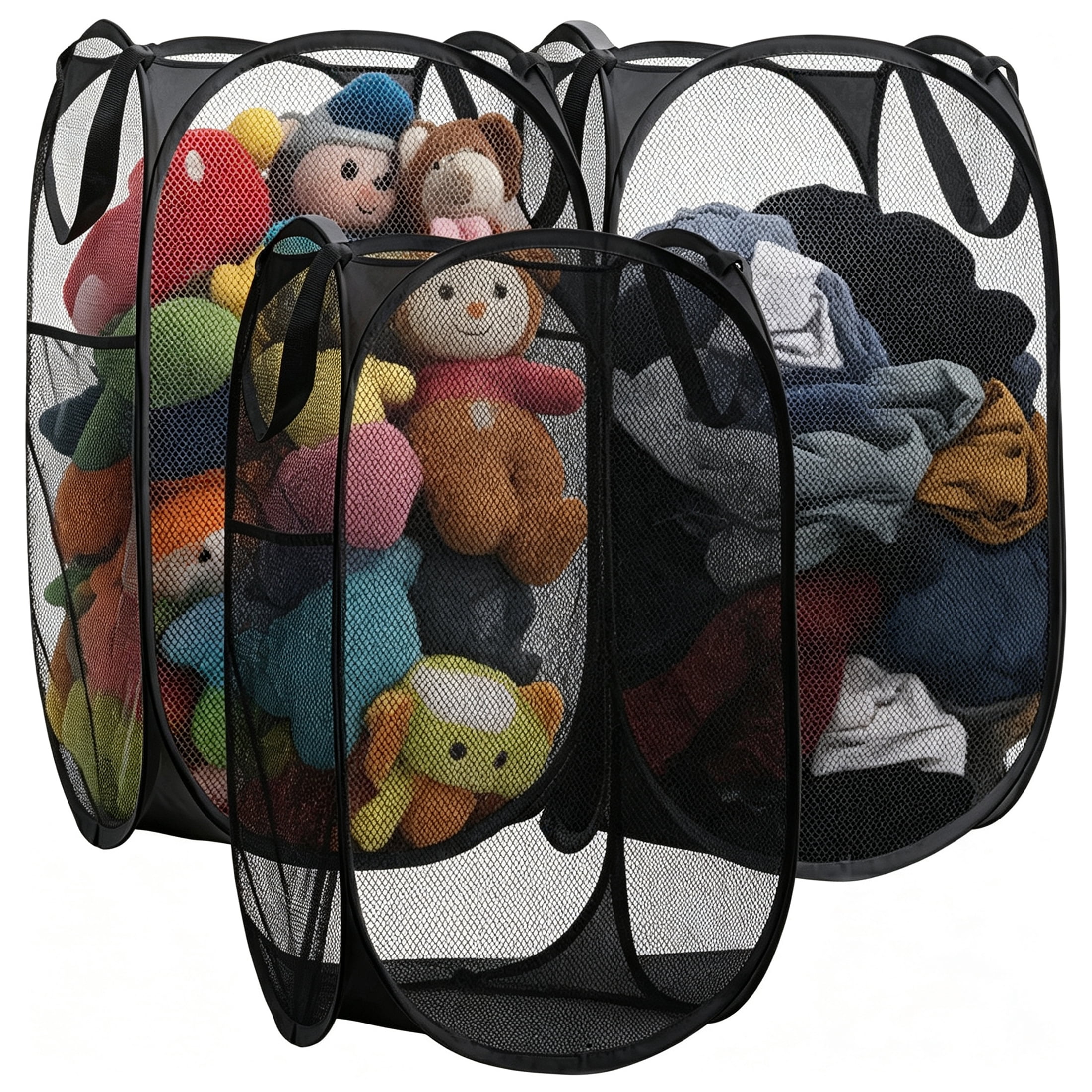 GARITIN 3 Pack Pop Up Mesh Laundry Hamper, Collapsible Dirty Clothes Basket with Carry Handles for Bedroom Bathroom