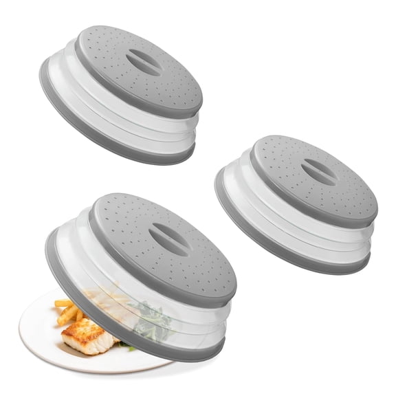 3 Pack Collapsible Microwave Food Cover Splatter Guard & Colander Kitchen Gadget for Fruit Vegetables Microwave Plate Cover with Hook Hole,BPA-Free Silicone & Plastic (Gray)
