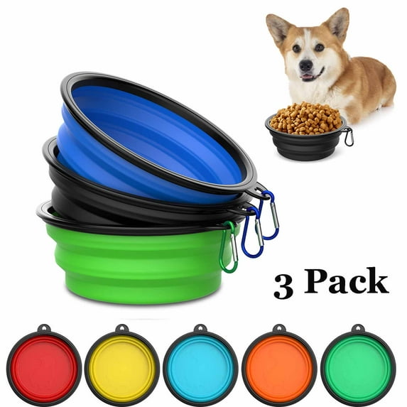 3-Pack Collapsible Pet Bowls with Carabiners, BPA-Free TPE Foldable Dog Cat Travel Bowl for Camping Hiking, 20oz Portable Food & Water Dish (Black+Green+Blue)