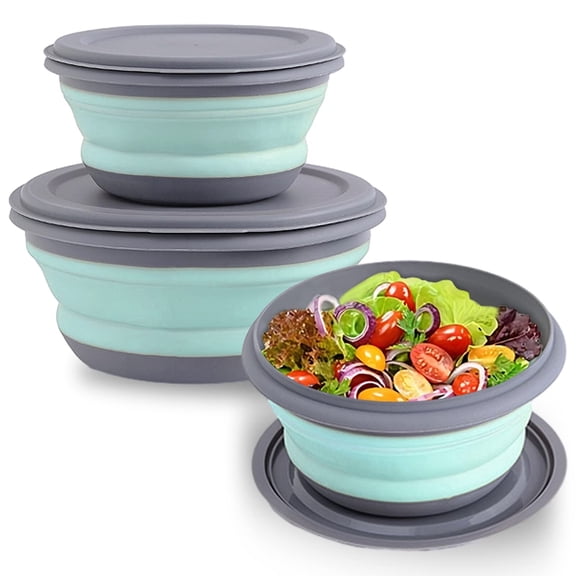3 Pack Collapsible Silicone Bowls with Lids, Portable Food Storage Containers for Camping Travel Picnic, Blue