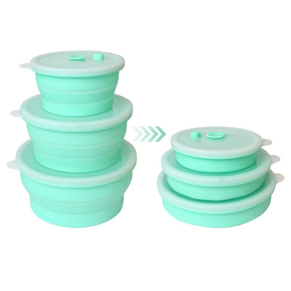 3-Pack Collapsible Silicone Food Containers with Airtight Lids – Microwave, Freezer Safe, Leakproof Storage Bowls (Blue)