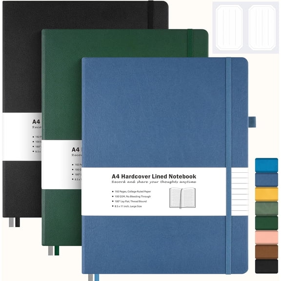3 Pack College Ruled Notebook, A4 Hardcover Leather Notebook for Work, Lined Notebook Journal for Women, Men, 192 Thick Paper, 8.5" x 11", Large Notebook, Professional Business Notebook, Multicolor