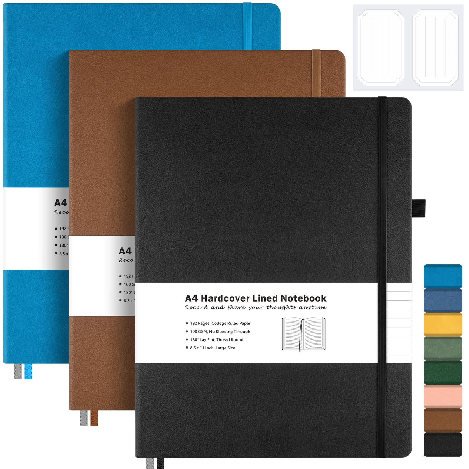 3 Pack College Ruled Notebook  A4 Hardcover Leather For Work Lined Journal Women Men 192 Thick Paper 8.5" X 11" Large Professional Business Multicolor