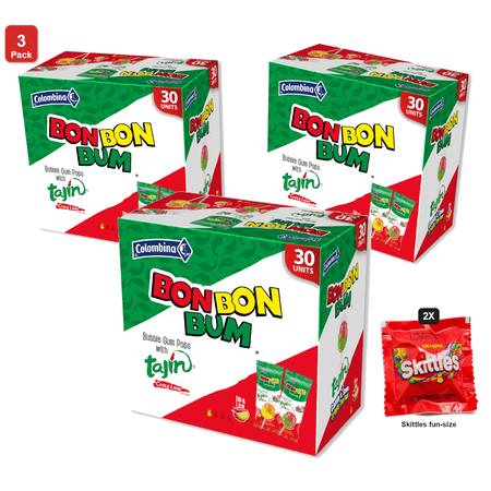 3 Pack | Colombina Bon Bon Bum Tajin Passion Fruit and Watermelon Lollipops with Chile Lime Dip, 30 Count, with 2 Skittles Fun Size