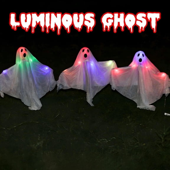 3 Pack Color Changing LED Ghost Stake Halloween Decor, Multi-Color Glowing White Fabric Ghost Yard Stakes, Waterproof Outdoor Spooky Ghost Pathway Lights for Lawn Porch Graveyard Halloween Party
